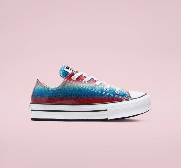 Converse Chuck Taylor All Star Lift Platform Glitter Drip Low Tops Shoes Blue / White / Red | CV-492WPQ