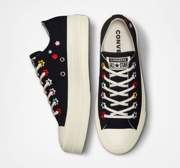 Converse Chuck Taylor All Star Lift Platform Floral Embroidery Low Tops Shoes Black / Multicolor | CV-902NPB