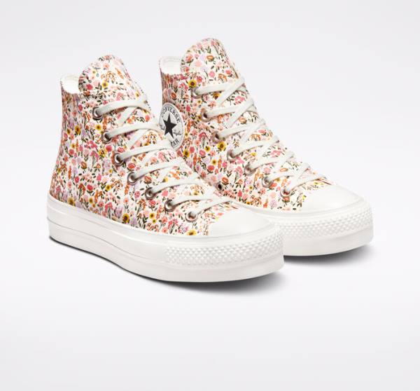 Converse Chuck Taylor All Star Lift Platform Florals High Tops Shoes Beige White / Pink | CV-964NWJ